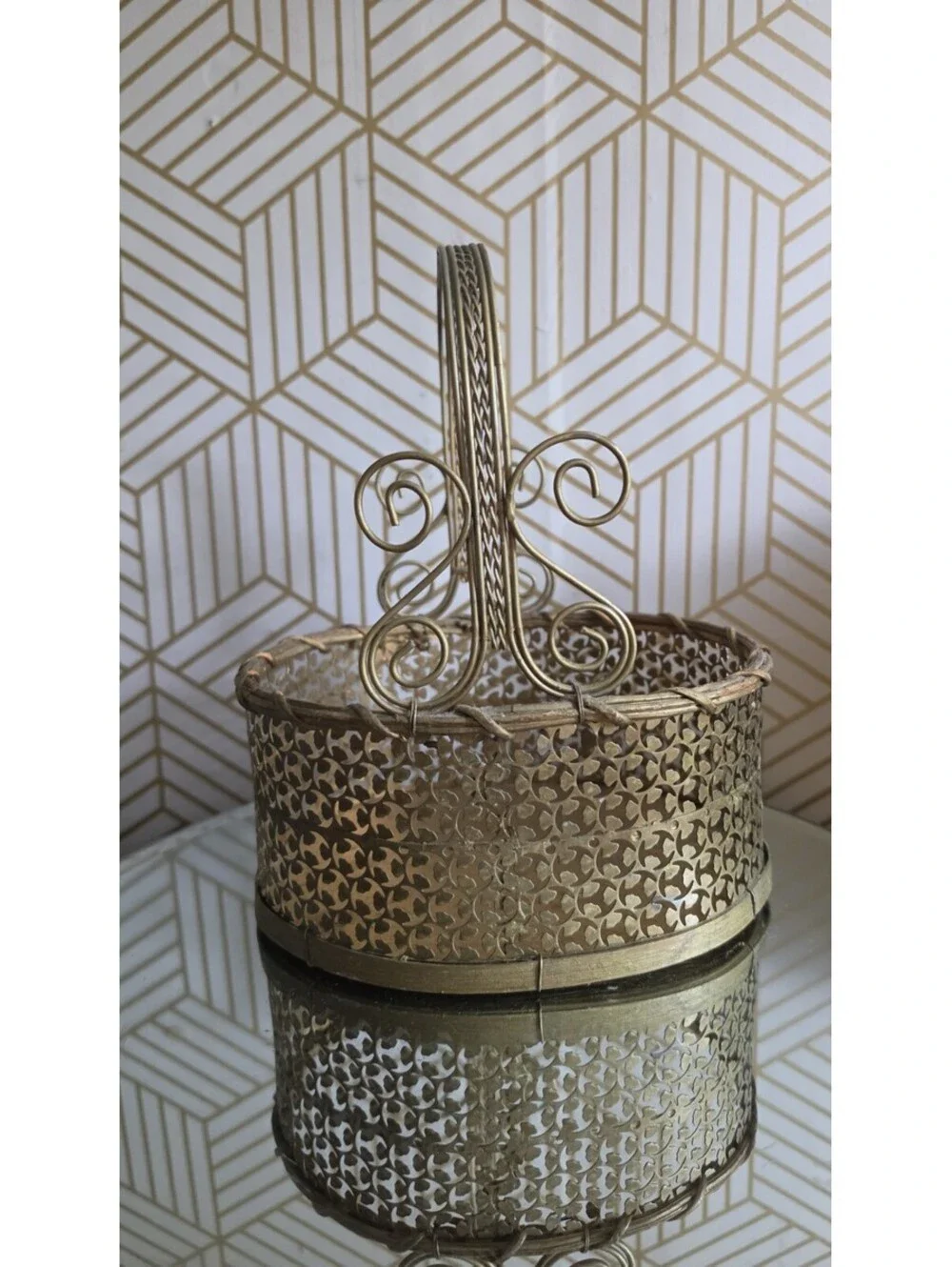 Vintage Perforated Gold Metal Scroll And Wood Basket